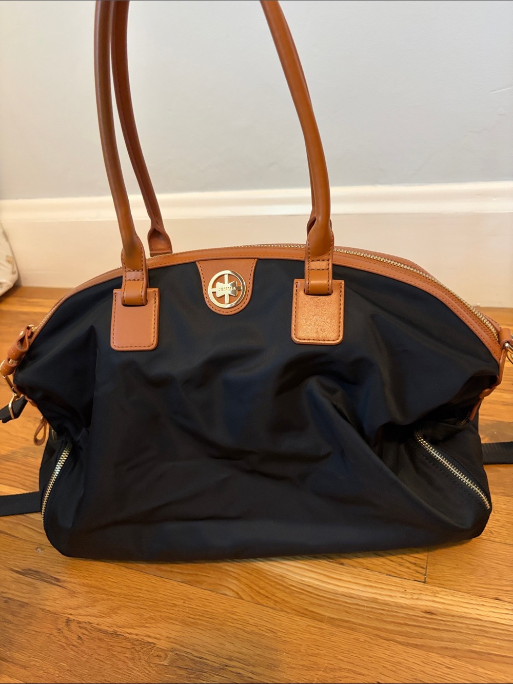 Jemma Black Nylon Tote with Tan faux LeatherTrim